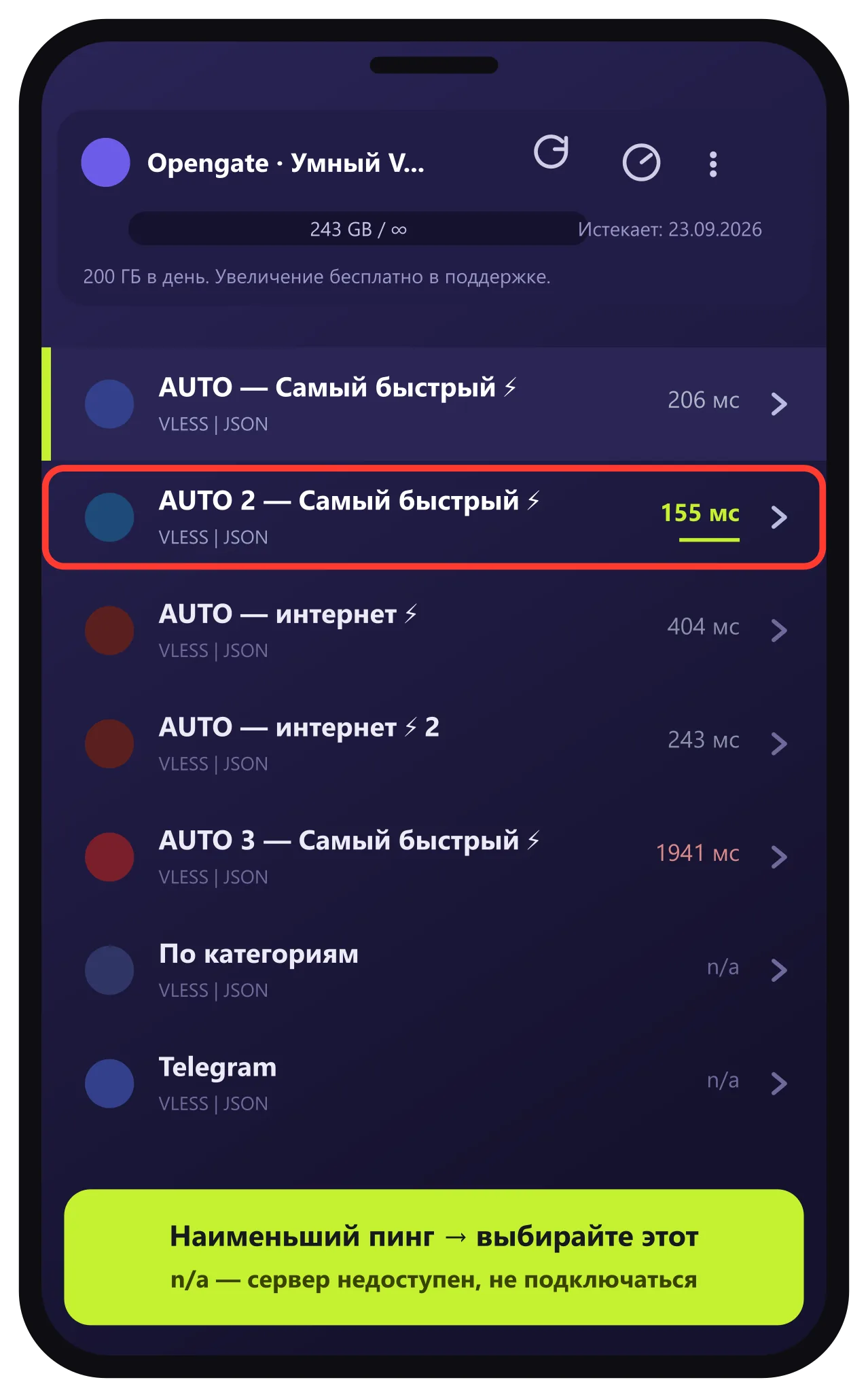 Список серверов с пингом — выбор наименьшего