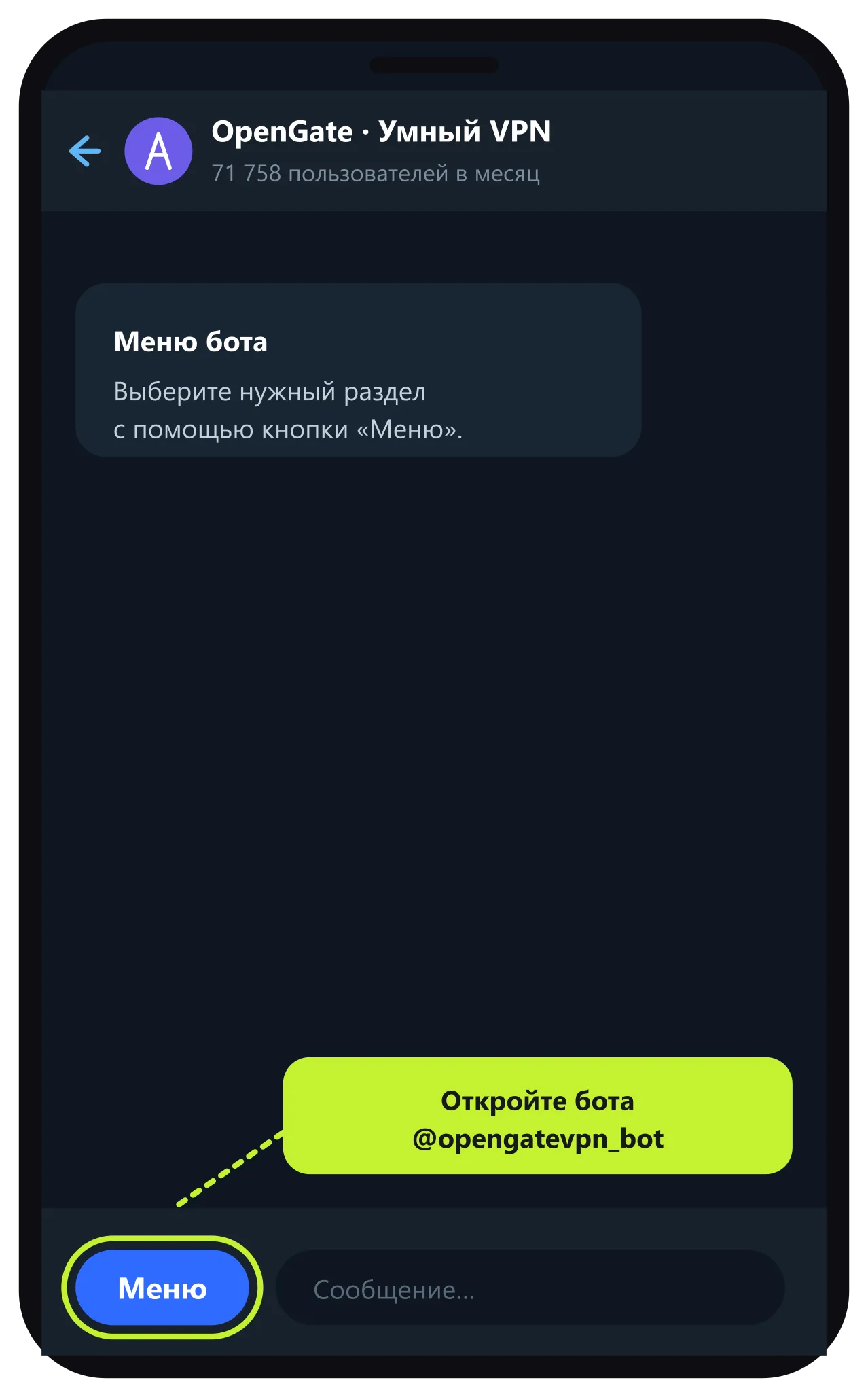 Открытие Telegram-бота @opengatevpn_bot